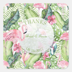 Sticker Carré Aloha Flamant rose Plage tropicale Merci