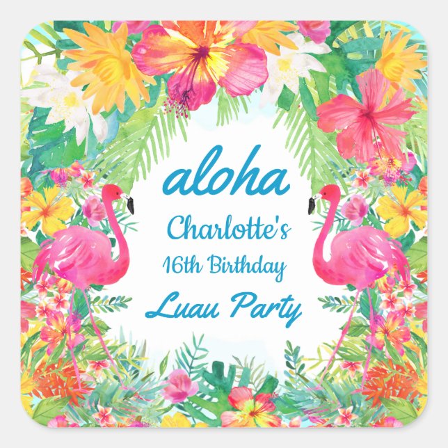 Sticker Carré Aloha Luau Flamant rose tropical Anniversaire Bleu (Devant)