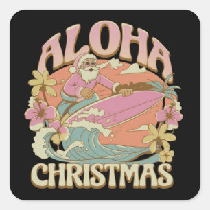 Sticker Carré Aloha Noël Surfant Père Noël Hawaïen Kalikimaka