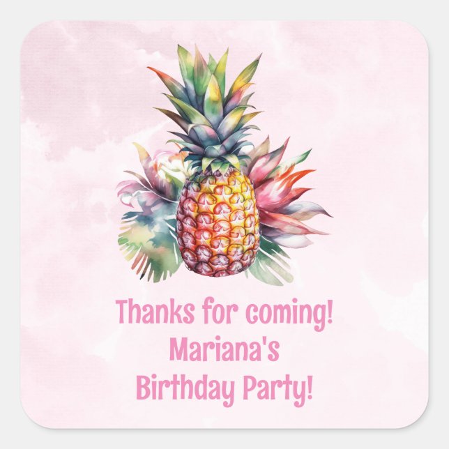 Sticker Carré Aloha Pineapple été fête d'anniversaire Favoriser (Devant)