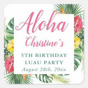Sticker Carré Aloha Tropical Greenery Floral Luau Fête d'anniver