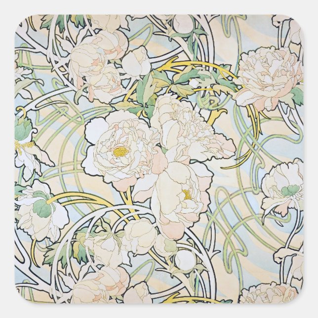 Sticker Carré Alphonse Mucha Peonies (Devant)