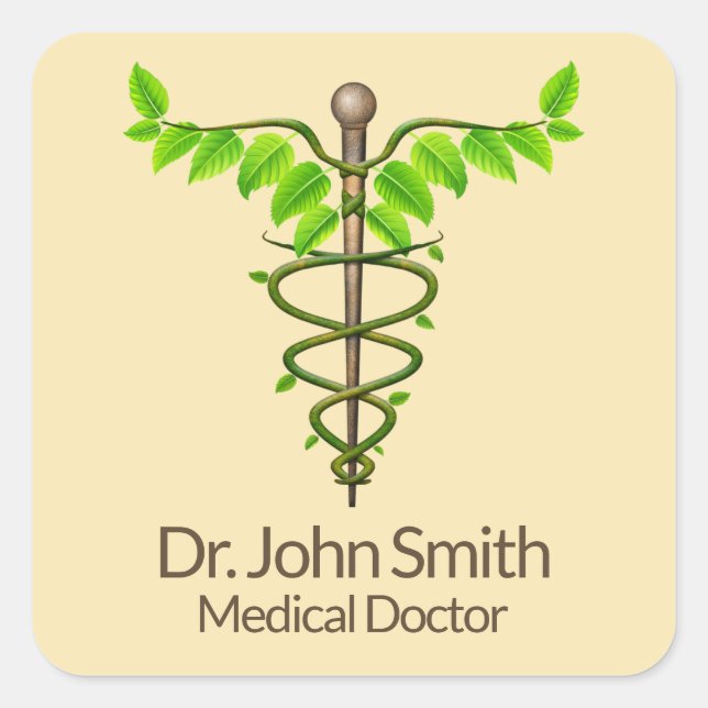 Sticker Carré Alternative Médicale Caduceus Vert Feuilles Beige (Devant)