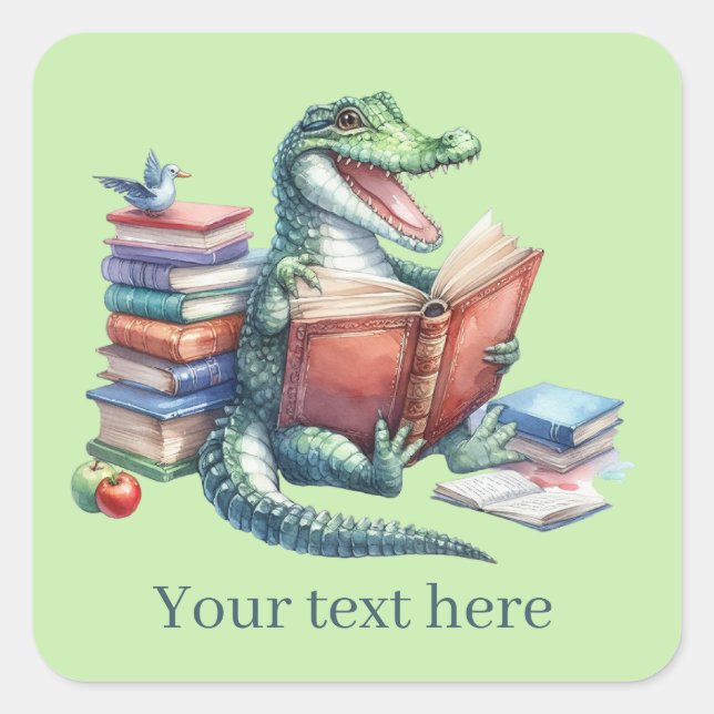 Sticker Carré Amateurs de livres d'alligator mignons ajouter du  (Devant)