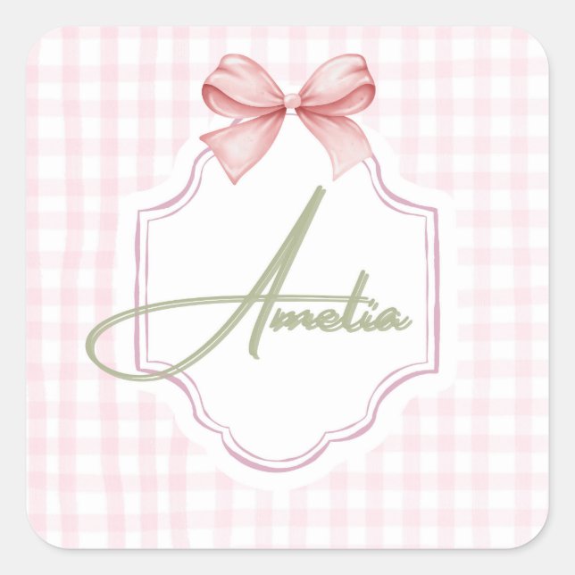 Sticker Carré Amelia Personnalisé Pink Bow & En vichy Imprimer (Devant)