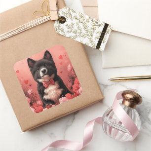 Sticker Carré American Akita avec Rose - Saint Valentin