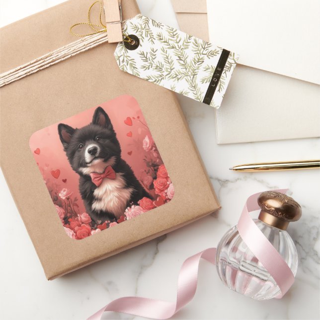 Sticker Carré American Akita avec Rose - Saint Valentin (Cadeaux)
