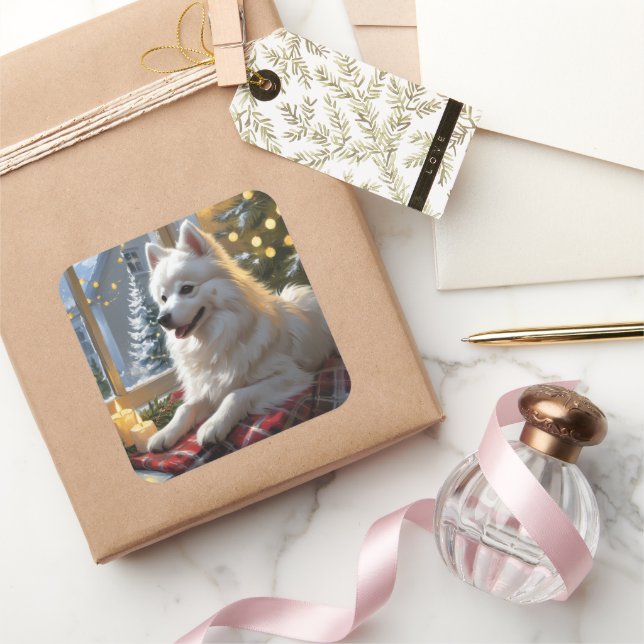 Sticker Carré American Eskimo With Christmas Lights Holiday (Cadeaux)