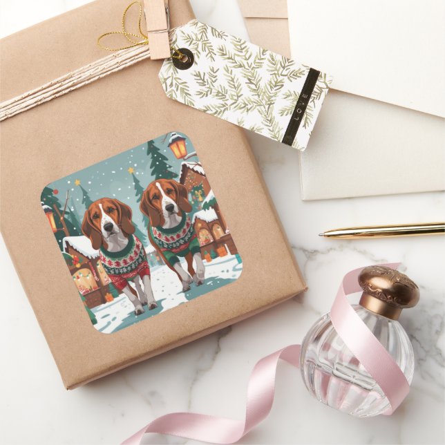 Sticker Carré American Foxhound Dogs Christmas Snow Holiday (Cadeaux)