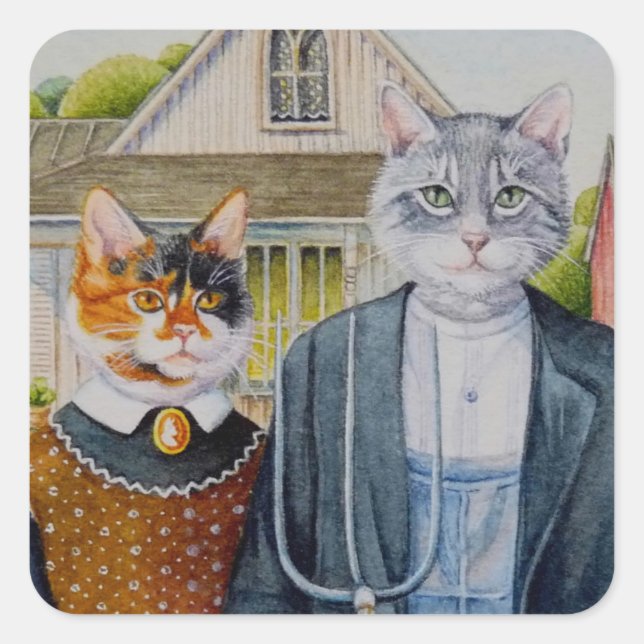 Sticker Carré American Gothic Parody Painting Aquarelle Art (Devant)