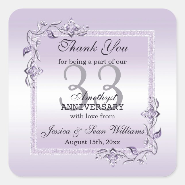 Sticker Carré Amethyst Gem & Parties scintillant 33e anniversair (Devant)