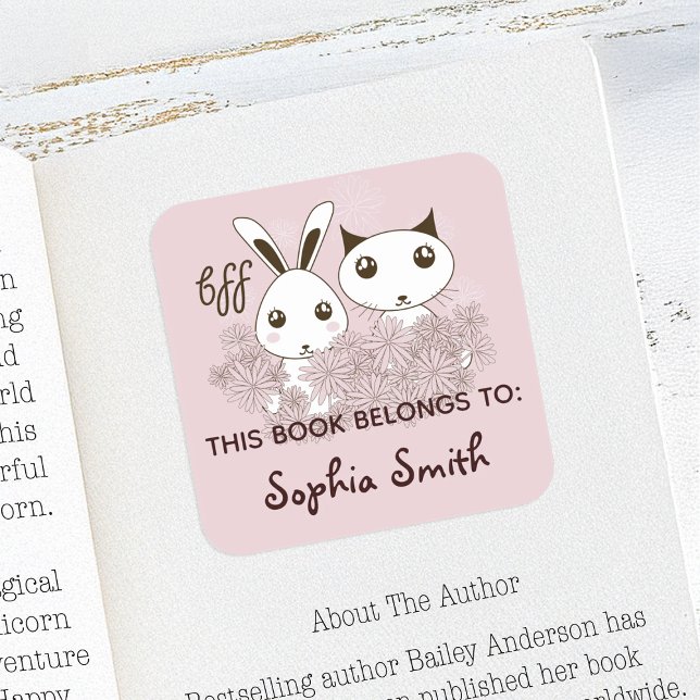 Sticker Carré Amis D'Animaux Roses Enfants Ce Livre Appartient À (Créateur téléchargé)
