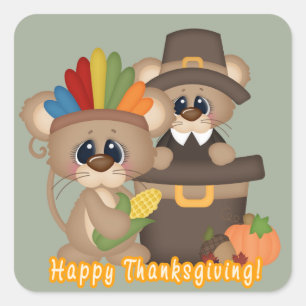 Sticker Carré Amis de Thanksgiving Vacances pèlerin souris indie