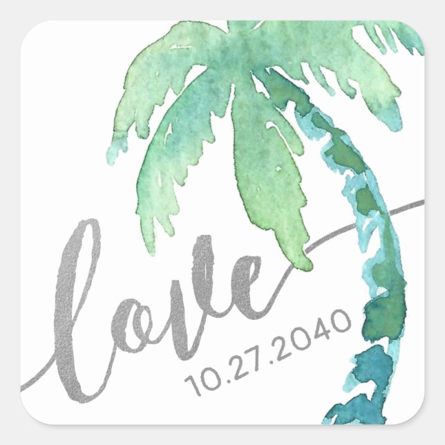 Sticker Carré Amour de palmier tropical vert argenté (Devant)