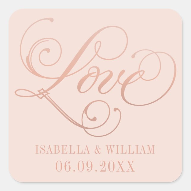 Sticker Carré Amour en Rose Gold Script Blush Mariage Monogramme (Devant)