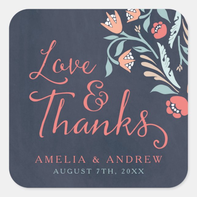 Sticker Carré Amour et Merci Bluish Chalkboard Floral Mariage (Devant)