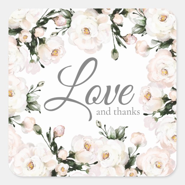 Sticker Carré Amour et Merci Elegant White Roses Mariage (Devant)