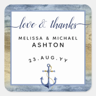 Sticker Carré Amour & Merci #Nautical Blue & Gold #Wedding Favor