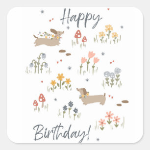 Sticker Carré Amoureux de Dachshund Bonne fête florale d'anniver
