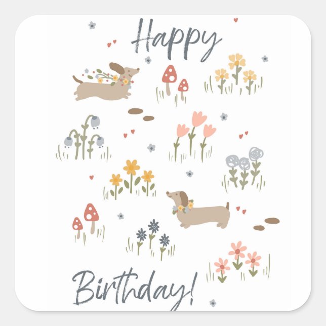 Sticker Carré Amoureux de Dachshund Bonne fête florale d'anniver (Devant)