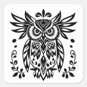 Sticker Carré Amoureux de hiboux Rustique Bois Noir Blanc Bohème