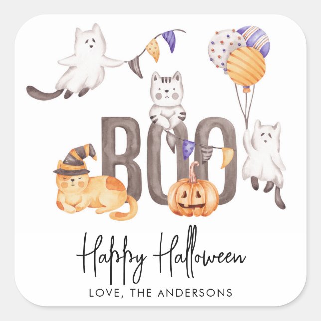 Sticker Carré Amoureux des chats de chats d'Halloween Boo Cute K (Devant)