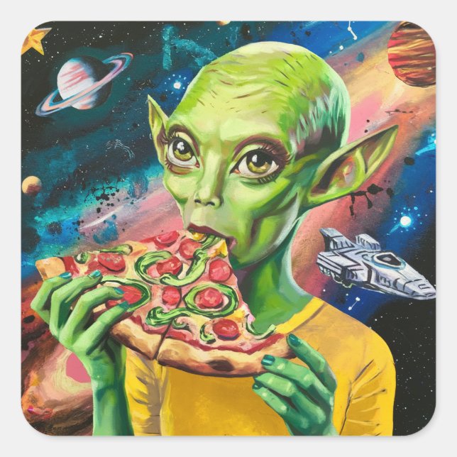 Sticker Carré Amusant Alien dans l'espace manger de la pizza (Devant)