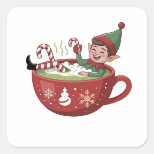 Sticker Carré Amusant Elfe prenant Matcha Bathub Noël