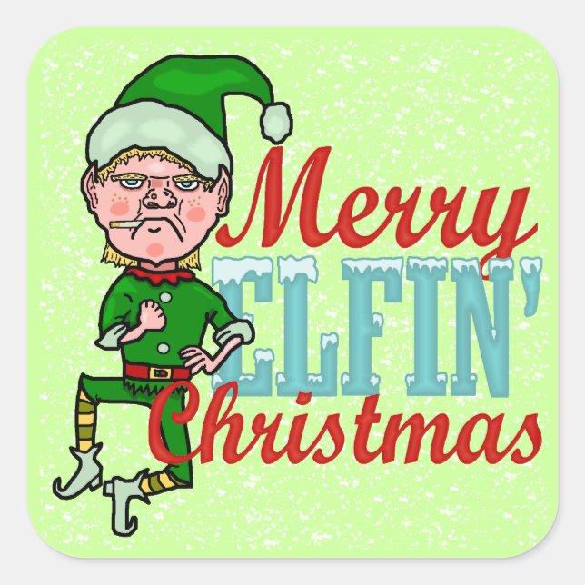 Sticker Carré Amusant Joyeux Elfin Noël Bah Humbug (Devant)