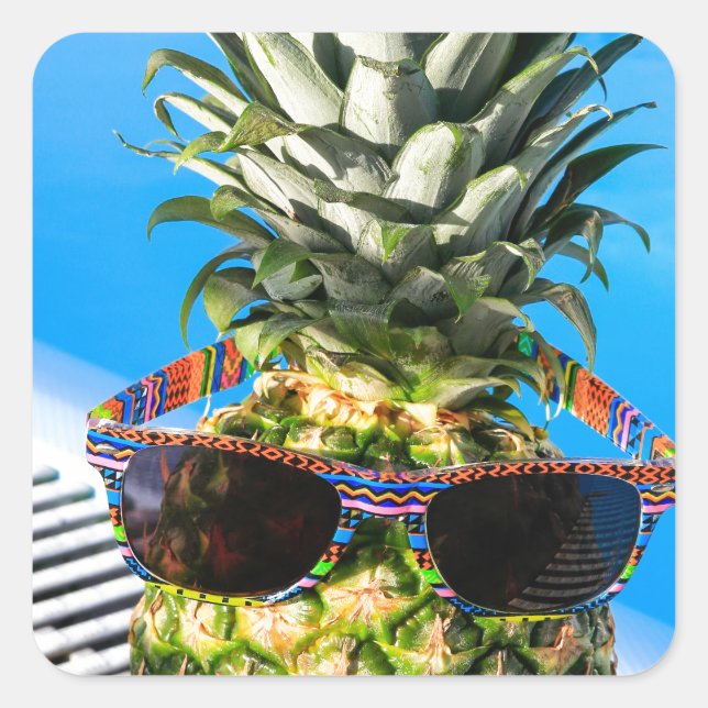 Sticker Carré Ananas avec lunettes de soleil à la piscine (Devant)