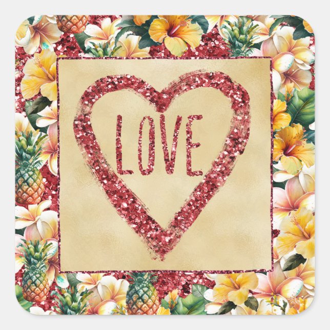 Sticker Carré Ananas Floral Tropical Rouge Parties scintillant A (Devant)