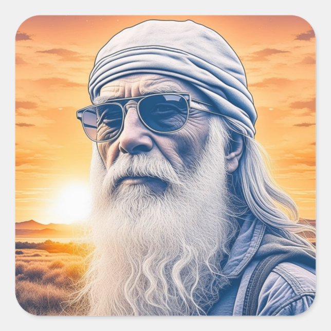 Sticker Carré Ancienne hippie, Mec motard, Backpacker (Devant)