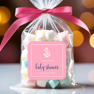 Sticker Carré Ancre Baby shower de script rose et bleu