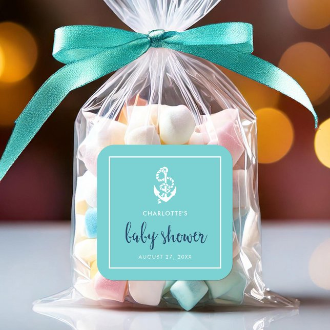 Sticker Carré Ancre Baby shower Turquoise et Blue Script (Créateur téléchargé)