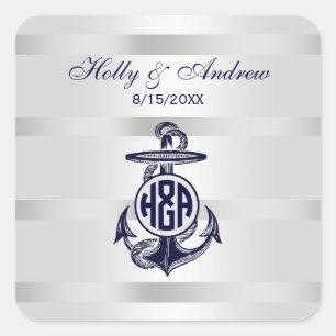 Sticker Carré Ancre Bleue Argent Blanc Cercle Marine Monogramme 