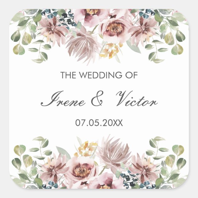 Sticker Carré Anemone Blush Dusty palette mariage personnalisé (Devant)