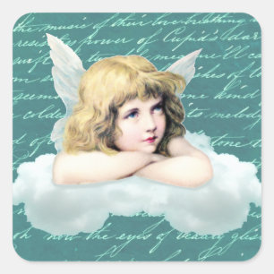 Sticker Carré ange-chérub vintage sur un nuage