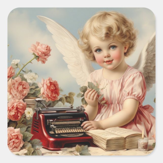 Sticker Carré Ange Cupidon écrit une lettre d'amour (Devant)
