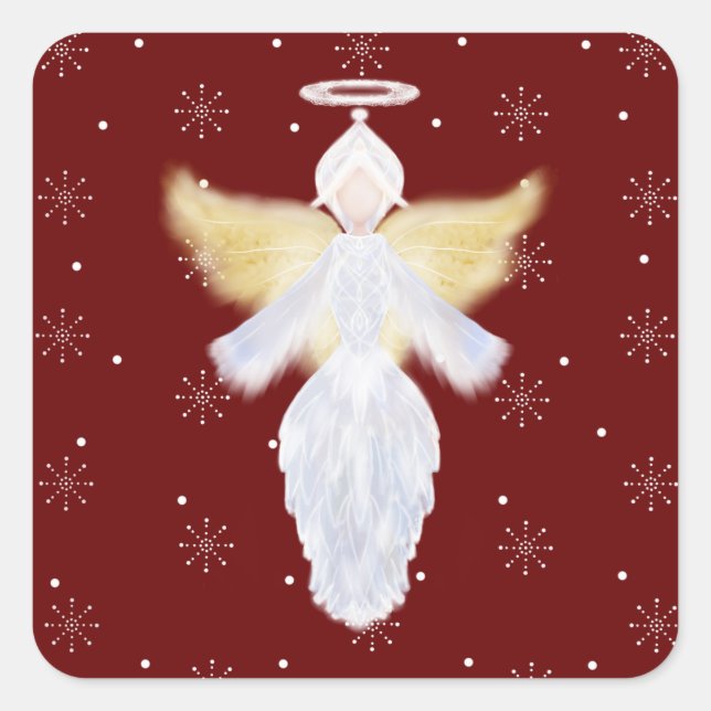 Sticker Carré Ange de Noël et flocons de neige | (Devant)
