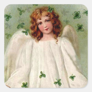 Sticker Carré Ange et shamrocks du jour de St Patrick sur des