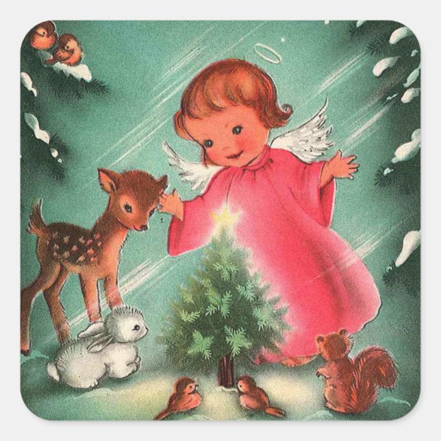 Sticker Carré Angel Dans La Forêt Avec Animaux (Devant)