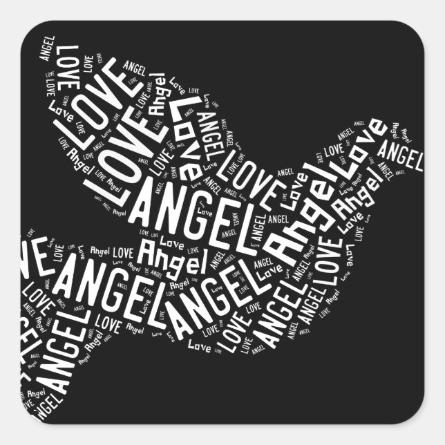 Sticker Carré Angel Love Dove, Blanc sur Noir (Devant)