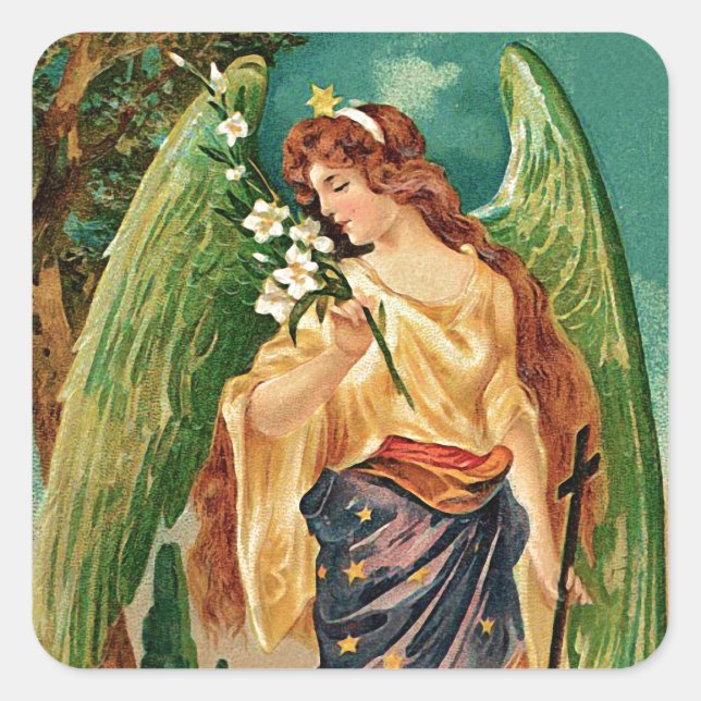 Sticker Carré Angel tenant une branche florale (Devant)