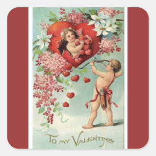 Sticker Carré Anges vintages et coeurs de Valentine