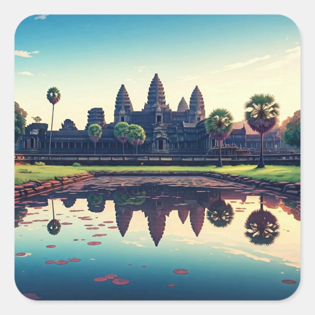 Sticker Carré Angkor Wat Cambodia à Dawn (Devant)