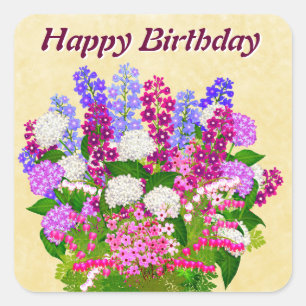 Sticker Carré Anglais Fleurs de Jardin Happy Anniversaire Sticke