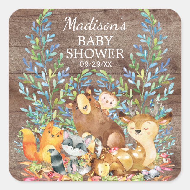 Sticker Carré Animaux de bois Baby shower neutre Favoriser l'aut (Devant)
