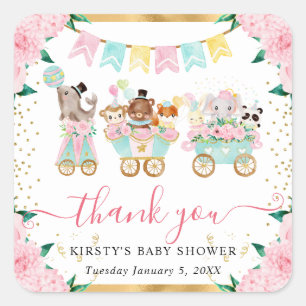 Sticker Carré Animaux de cirque Fleurs rose aquarelle Baby Showe