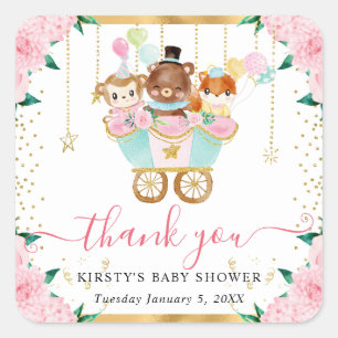 Sticker Carré Animaux de cirque Fleurs rose aquarelle Baby Showe