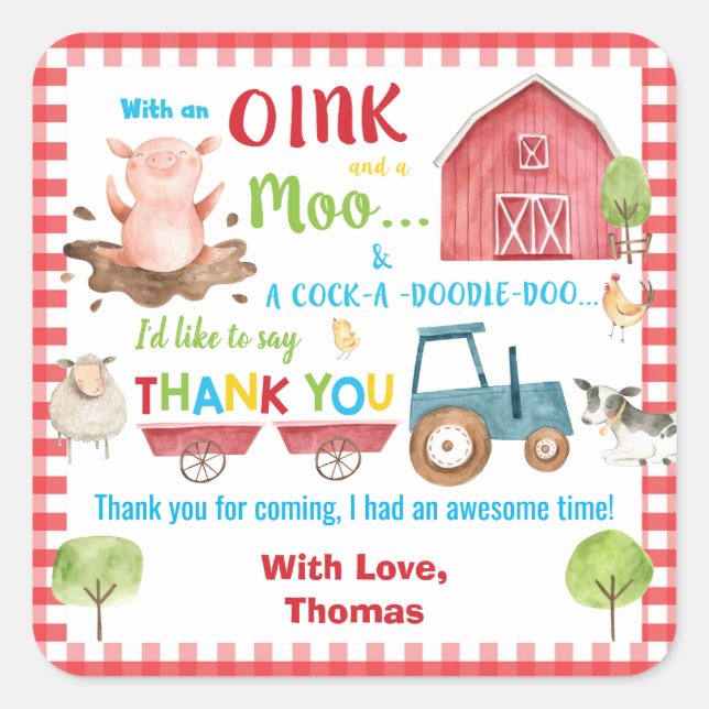Sticker Carré Animaux de ferme Barnyard Anniversaire Merci Favor (Devant)